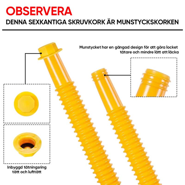 "Flexibel bensindunkpip i böjbart PP-material med gängade piprör, förenklar säker och spillsäker bränsleöverföring."