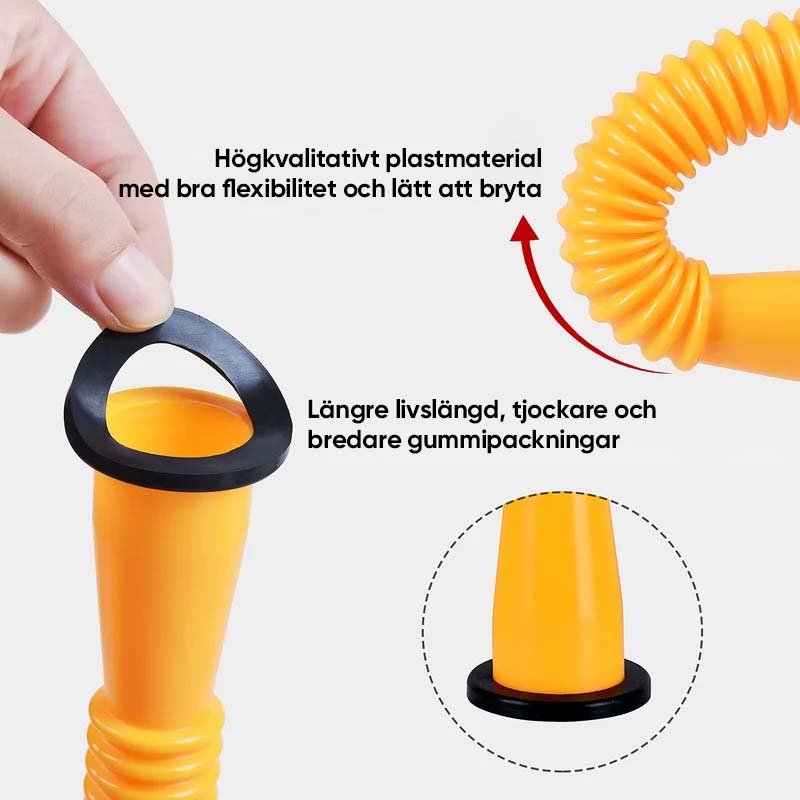 "Flexibel bensindunkpip i böjbart PP-material med gängade piprör, förenklar säker och spillsäker bränsleöverföring."