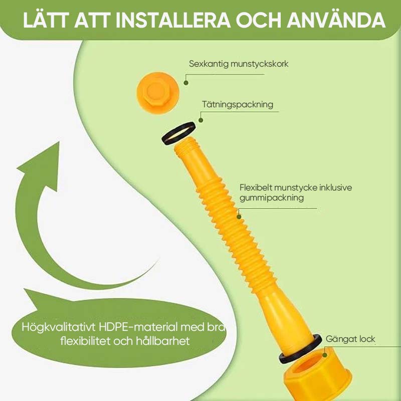 "Flexibel bensindunkpip i böjbart PP-material med gängade piprör, förenklar säker och spillsäker bränsleöverföring."