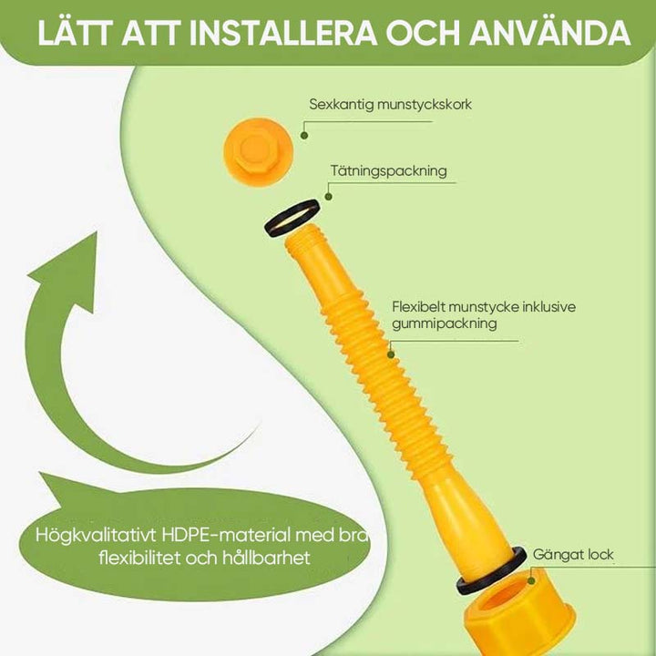 "Flexibel bensindunkpip i böjbart PP-material med gängade piprör, förenklar säker och spillsäker bränsleöverföring."