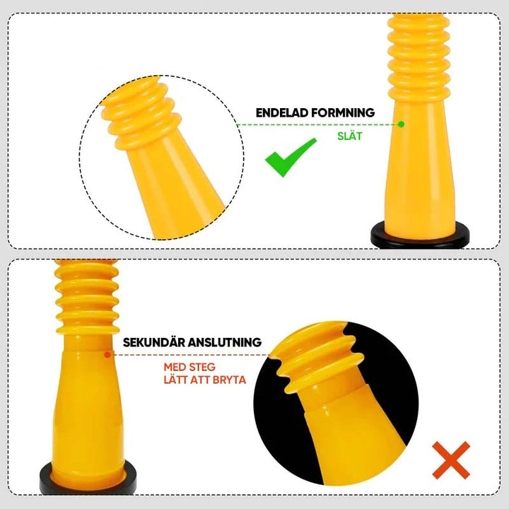 "Flexibel bensindunkpip i böjbart PP-material med gängade piprör, förenklar säker och spillsäker bränsleöverföring."
