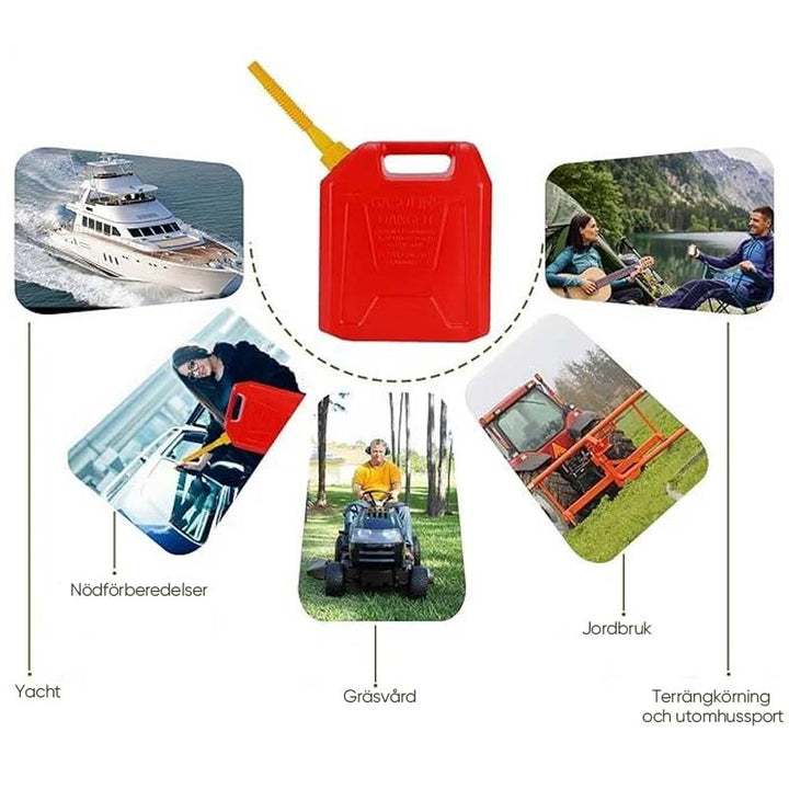 "Flexibel bensindunkpip i böjbart PP-material med gängade piprör, förenklar säker och spillsäker bränsleöverföring."