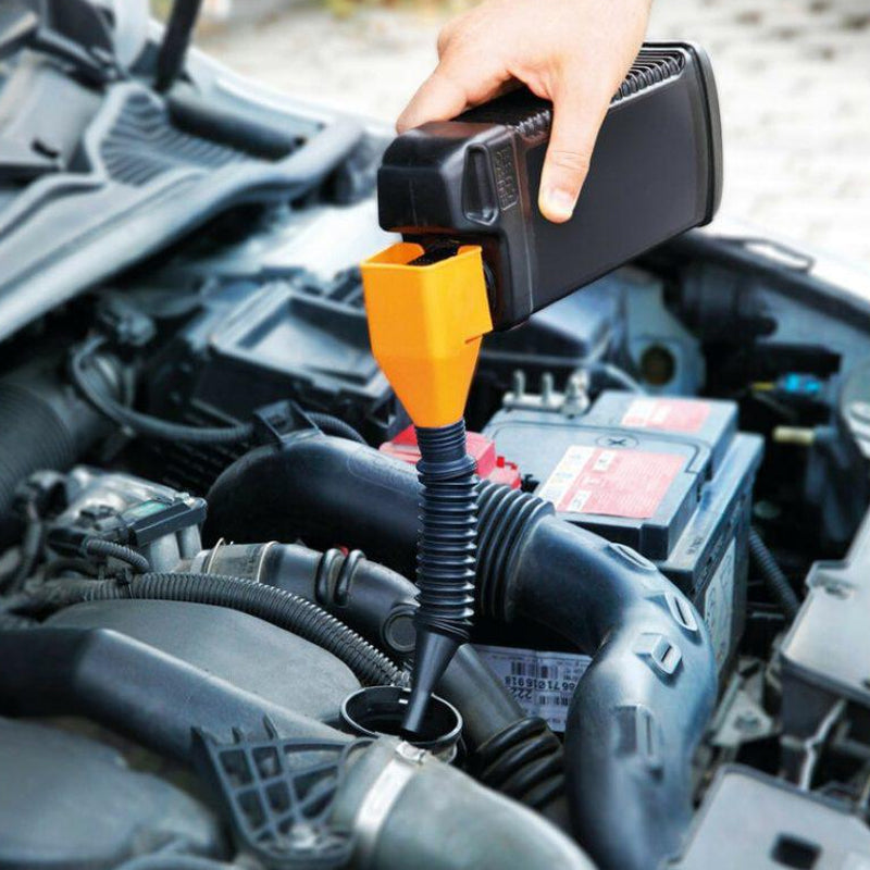 "Flexibel, färgglad oljetratt i plast för fordonsvätskor, enkelt justerbar form för spillfri användning och förvaring."