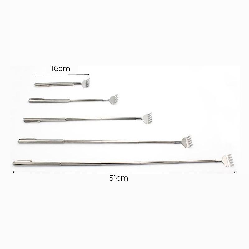 "Flexibel ryggskrapa i rostfritt stål, teleskopisk design med bekvämt handtag för självständig ryggklining."