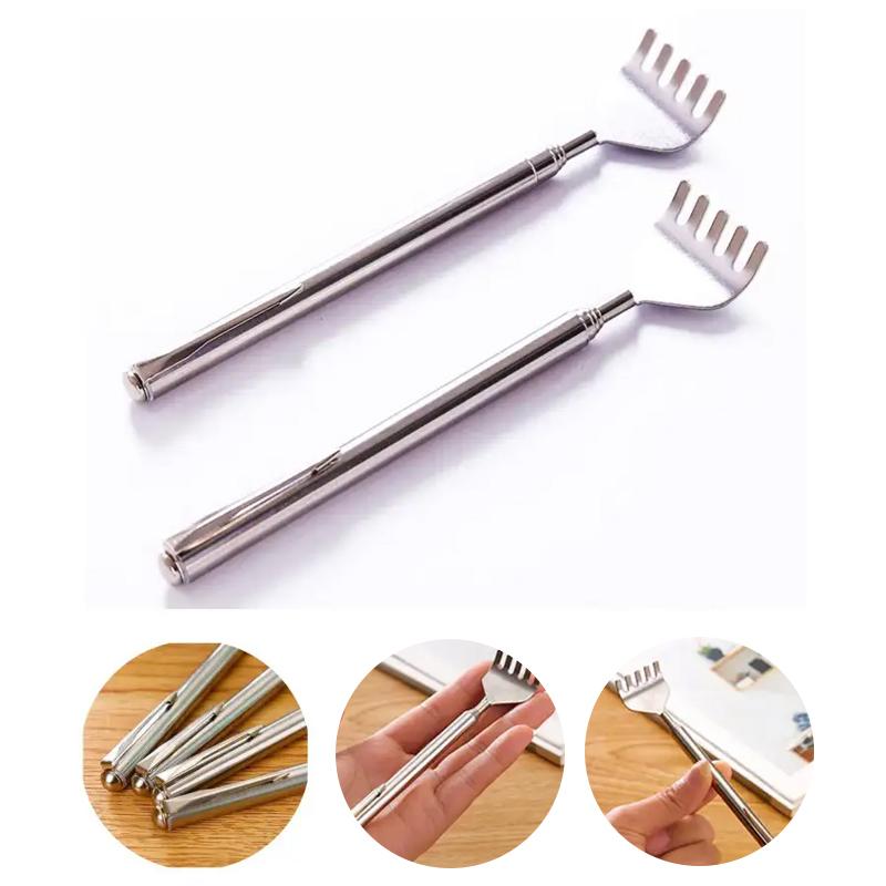 "Flexibel ryggskrapa i rostfritt stål, teleskopisk design med bekvämt handtag för självständig ryggklining."