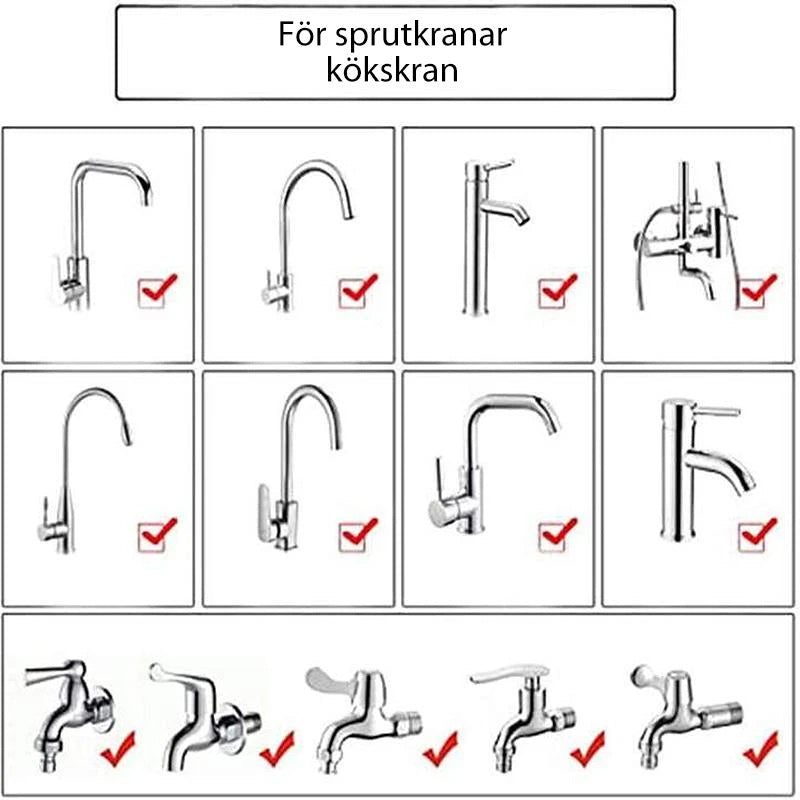 "Flexibel svanhals kranspruta i köket, vattenbesparande med 360° rotation och tre sprutlägen, idealisk för stora tallrikar."
