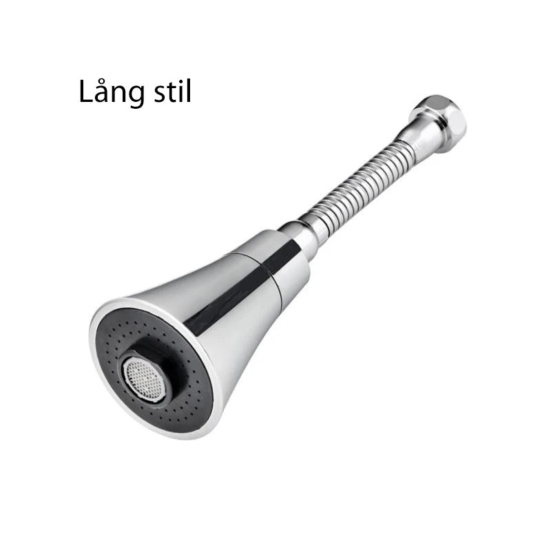 "Flexibel svanhals kranspruta i köket, vattenbesparande med 360° rotation och tre sprutlägen, idealisk för stora tallrikar."