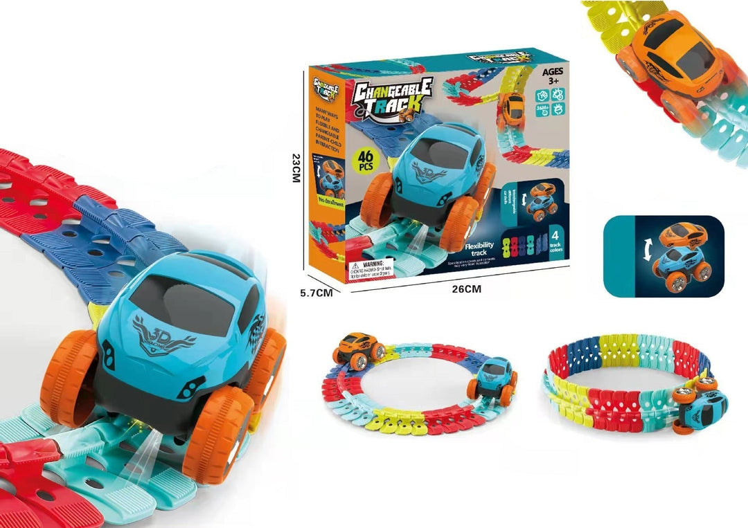 Flexibelt racerbana set med LED-racerbilar. Färgglatt, anpassningsbart spår för barn, främjar kreativitet och lek.