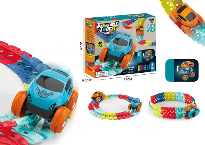 Flexibelt racerbana set med LED-racerbilar. Färgglatt, anpassningsbart spår för barn, främjar kreativitet och lek.