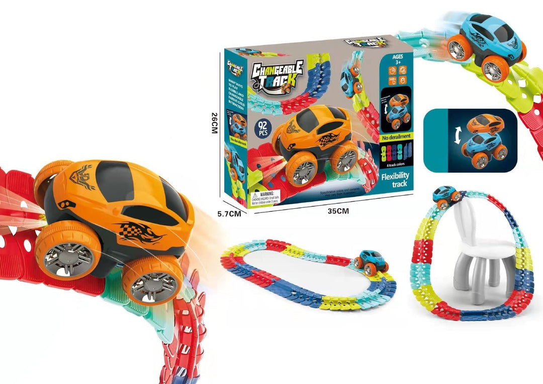 Flexibelt racerbana set med LED-racerbilar. Färgglatt, anpassningsbart spår för barn, främjar kreativitet och lek.