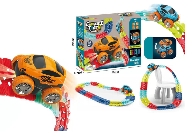 Flexibelt racerbana set med LED-racerbilar. Färgglatt, anpassningsbart spår för barn, främjar kreativitet och lek.