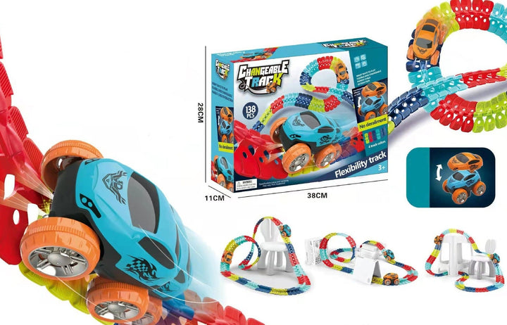 Flexibelt racerbana set med LED-racerbilar. Färgglatt, anpassningsbart spår för barn, främjar kreativitet och lek.
