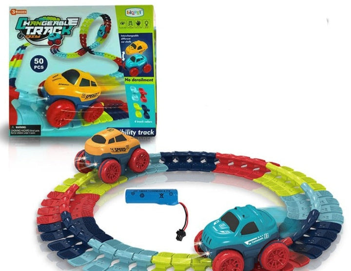 Flexibelt racerbana set med LED-racerbilar. Färgglatt, anpassningsbart spår för barn, främjar kreativitet och lek.
