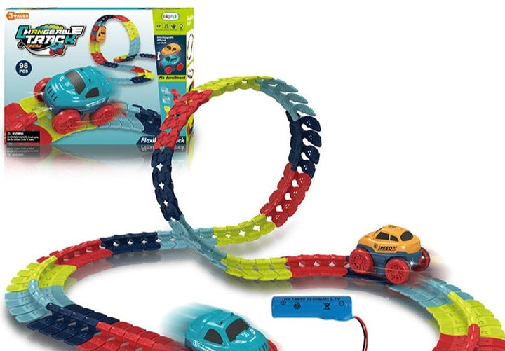 Flexibelt racerbana set med LED-racerbilar. Färgglatt, anpassningsbart spår för barn, främjar kreativitet och lek.