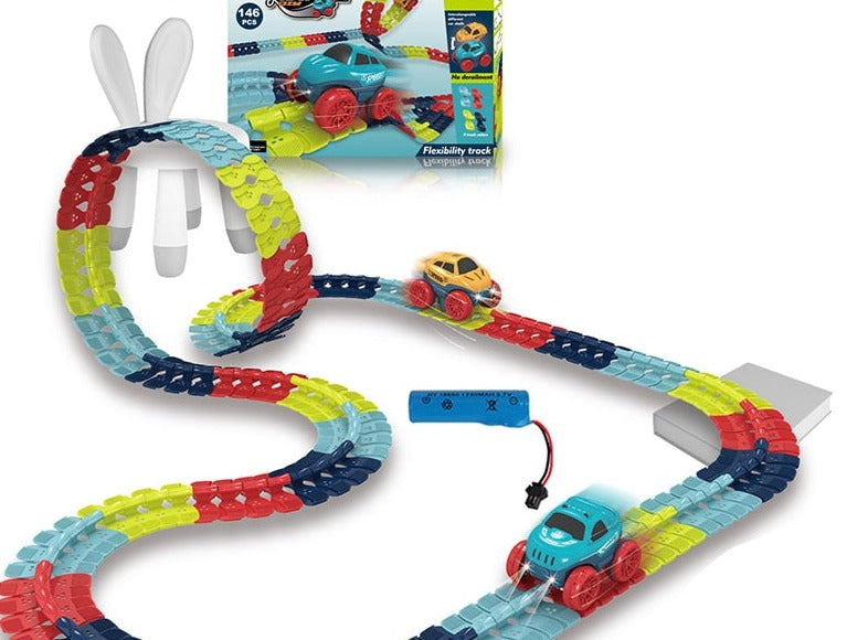 Flexibelt racerbana set med LED-racerbilar. Färgglatt, anpassningsbart spår för barn, främjar kreativitet och lek.