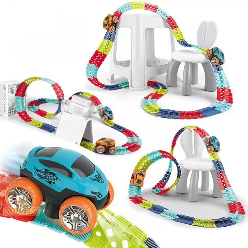 Flexibelt racerbana set med LED-racerbilar. Färgglatt, anpassningsbart spår för barn, främjar kreativitet och lek.