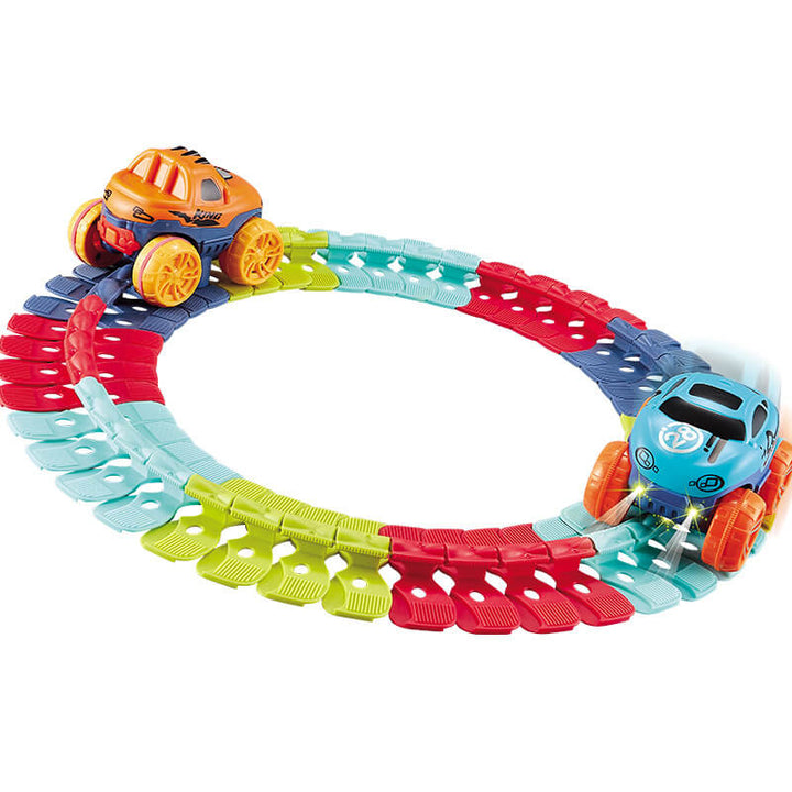 Flexibelt racerbana set med LED-racerbilar. Färgglatt, anpassningsbart spår för barn, främjar kreativitet och lek.