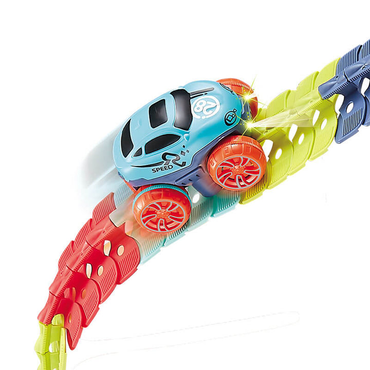 Flexibelt racerbana set med LED-racerbilar. Färgglatt, anpassningsbart spår för barn, främjar kreativitet och lek.