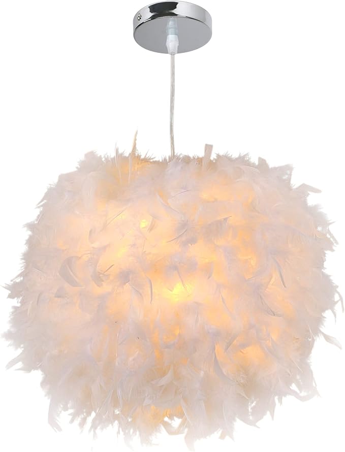 "Fluffig vit fjäderlampa, elegant taklampa för modern inredning, handplacerade fjädrar, mjuk och stämningsfull belysning."