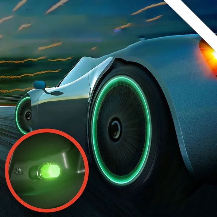 Fluorescerande ventilkåpor för bil och cykel på mörk bakgrund, ger gnistrande stil och skyddar mot smuts och damm.