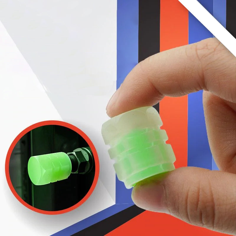 Fluorescerande ventilkåpor för bil och cykel på mörk bakgrund, ger gnistrande stil och skyddar mot smuts och damm.