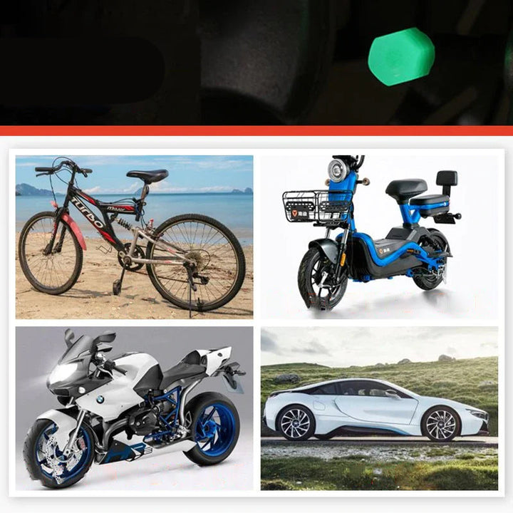 Fluorescerande ventilkåpor för bil och cykel på mörk bakgrund, ger gnistrande stil och skyddar mot smuts och damm.