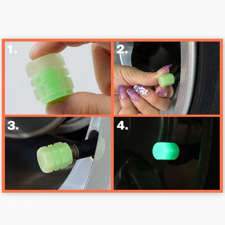 Fluorescerande ventilkåpor för bil och cykel på mörk bakgrund, ger gnistrande stil och skyddar mot smuts och damm.