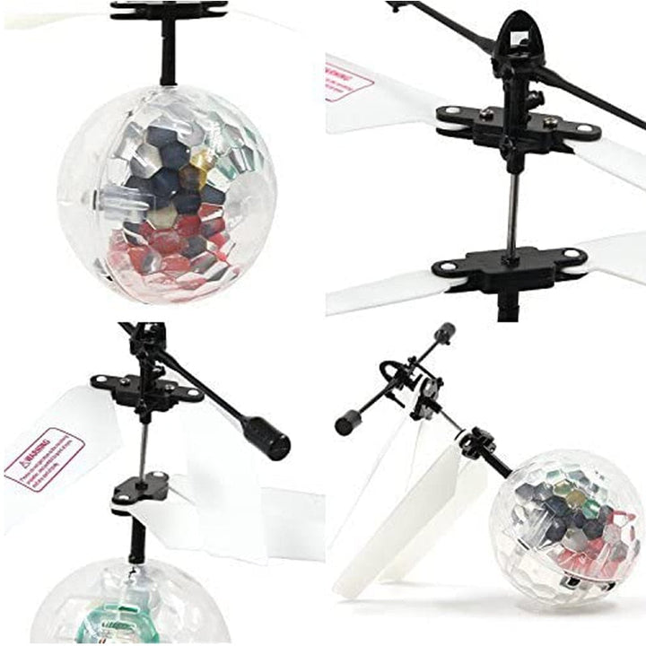 Set med en RC induktionshelikopterboll, USB-kabel och fjärrkontroll.