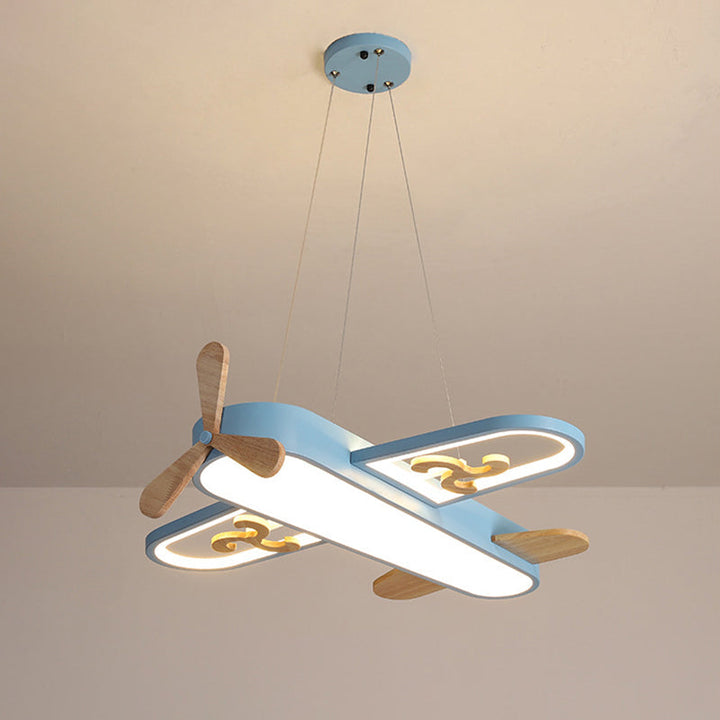"Flygplansdesign LED taklampa för barn, gul och blå, med kreativ luftfartstema för fantasifyllt barnrum."