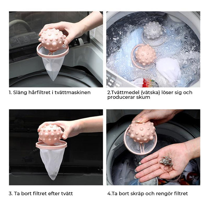 "Flytande husdjurshårfångare, blå färg, flyter ovanför kläderna i tvättmaskin för att samla djurhår effektivt."