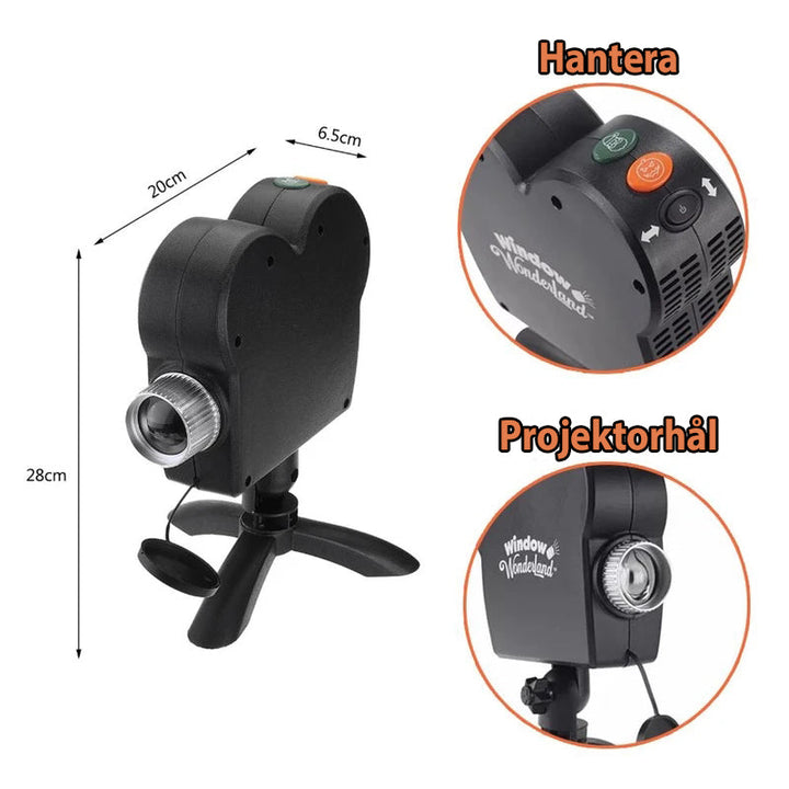 "Fönsterprojektor med justerbart stativ för Halloween och jul, projektioner med 12 teman, hög ljusstyrka och stor duk."