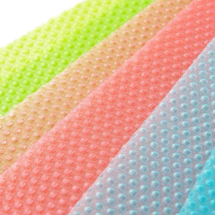 "Fuktsäker kylmatta i blå, grön, rosa och vit för kylskåpsorganisering, fuktabsorbent och antibakteriell design"