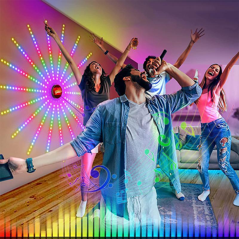 "Fyrverkeri LED-ljus med färgglada ljusstrålar, musiksynkronisering och Bluetooth, perfekt för hemdekoration."