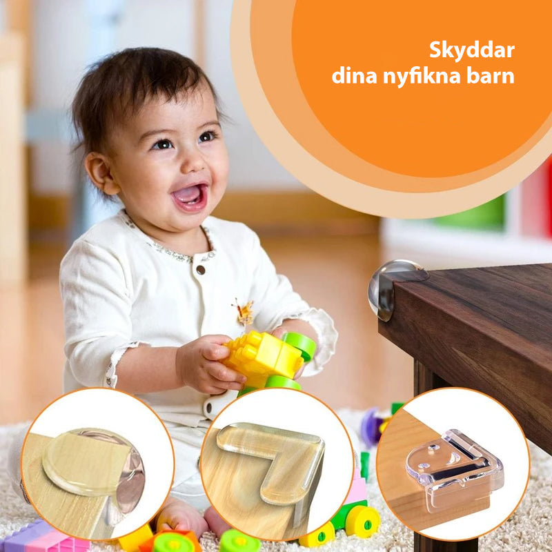 "Genomskinliga hörnskydd i PVC för barns säkerhet, skyddar möbler utan att störa designen, enkel installation."