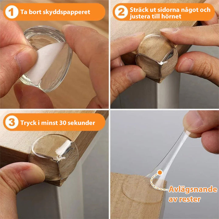 "Genomskinliga hörnskydd i PVC för barns säkerhet, skyddar möbler utan att störa designen, enkel installation."