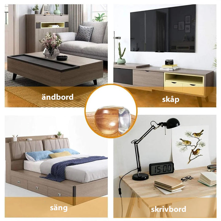 "Genomskinliga hörnskydd i PVC för barns säkerhet, skyddar möbler utan att störa designen, enkel installation."