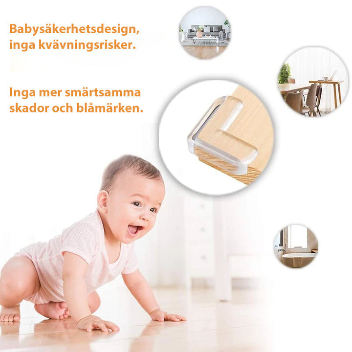 "Genomskinliga hörnskydd i PVC för barns säkerhet, skyddar möbler utan att störa designen, enkel installation."