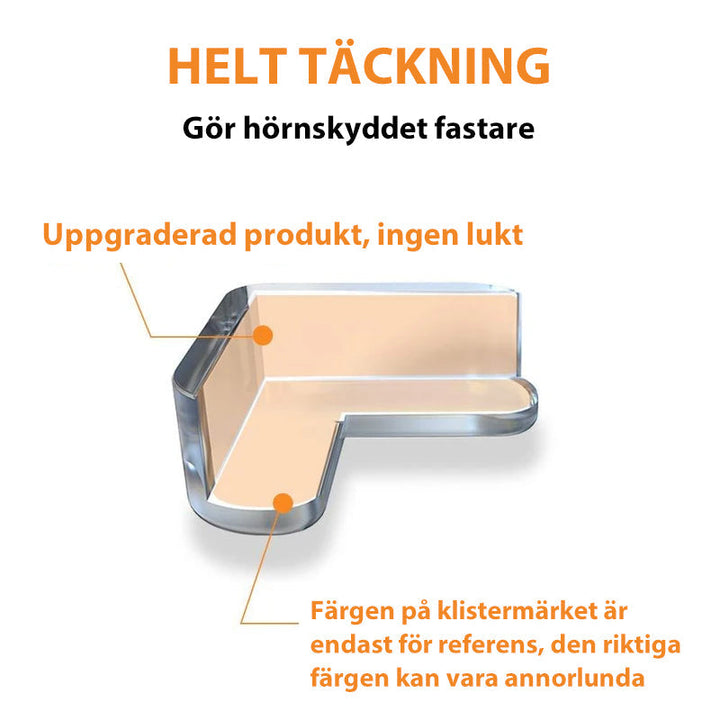 "Genomskinliga hörnskydd i PVC för barns säkerhet, skyddar möbler utan att störa designen, enkel installation."