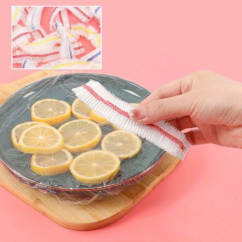 "Genomskinliga PE-plastpåsar med elastiska band för matförvaring; luktfria, giftfria och idealiska för köksanvändning."