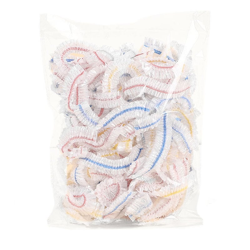 "Genomskinliga PE-plastpåsar med elastiska band för matförvaring; luktfria, giftfria och idealiska för köksanvändning."