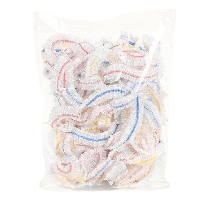 "Genomskinliga PE-plastpåsar med elastiska band för matförvaring; luktfria, giftfria och idealiska för köksanvändning."