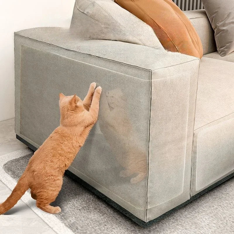 "Genomskinligt kattmöbelskydd skyddar soffan mot klösmärken, stilrent och skrapfritt, enkelt att applicera och avlägsna."