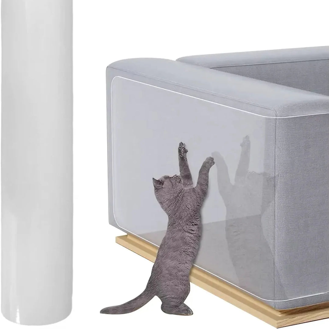 "Genomskinligt kattmöbelskydd skyddar soffan mot klösmärken, stilrent och skrapfritt, enkelt att applicera och avlägsna."