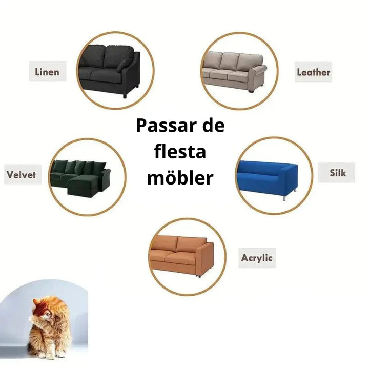 "Genomskinligt kattmöbelskydd skyddar soffan mot klösmärken, stilrent och skrapfritt, enkelt att applicera och avlägsna."