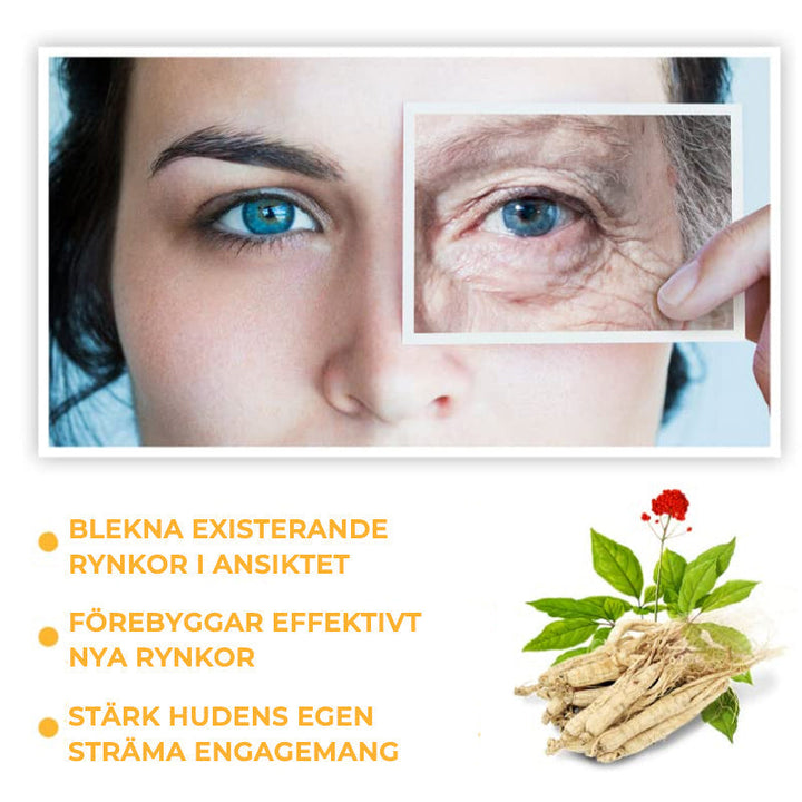 "Ginseng polypeptid hudvård, essensflaska på ljus bakgrund, främjar elasticitet och strålande hud."
