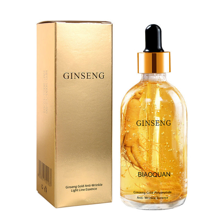 "Ginseng polypeptid hudvård, essensflaska på ljus bakgrund, främjar elasticitet och strålande hud."