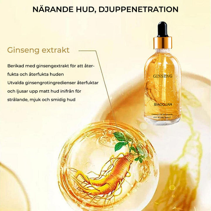"Ginseng polypeptid hudvård, essensflaska på ljus bakgrund, främjar elasticitet och strålande hud."