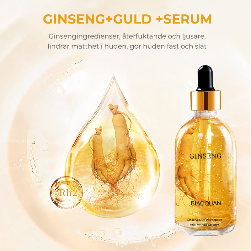 "Ginseng polypeptid hudvård, essensflaska på ljus bakgrund, främjar elasticitet och strålande hud."