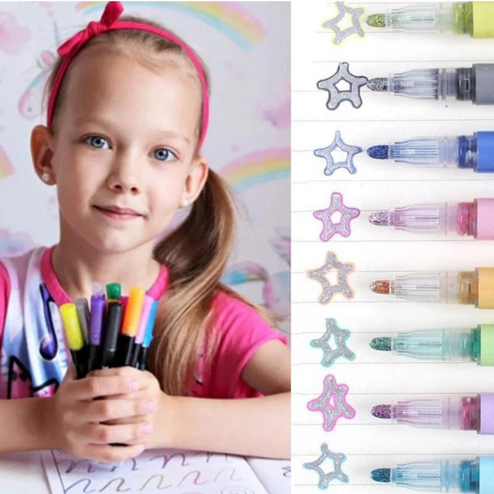 "Glittrande markörpennor i metalliska färger för kreativa projekt, perfekta för målning på papper, glas och akryl."