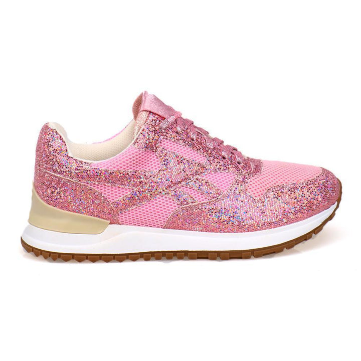 "Gnistrande dam sneakers med kristaller i blå, rosa och vit, elegant designad för stil och komfort."